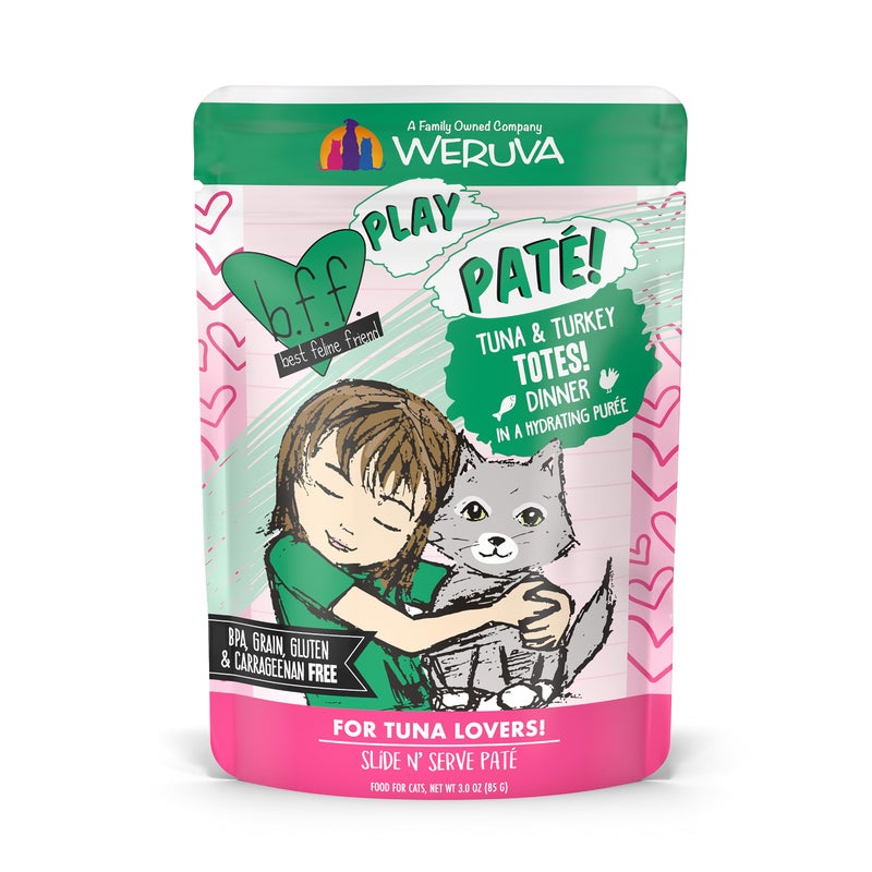 Weruva B.F.F. Play - Best Feline Friend PatÃ© Lovers, Aw Yeah!, Tuna & Turkey Totes! with Tuna & Turkey, 3oz Pouch (Pack of 12) - Image 1